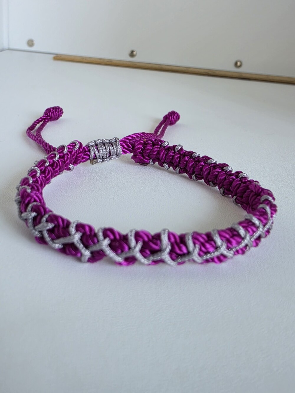 Handmade Adjustable Macrame Bracelet Magenta Silver Woven Cord